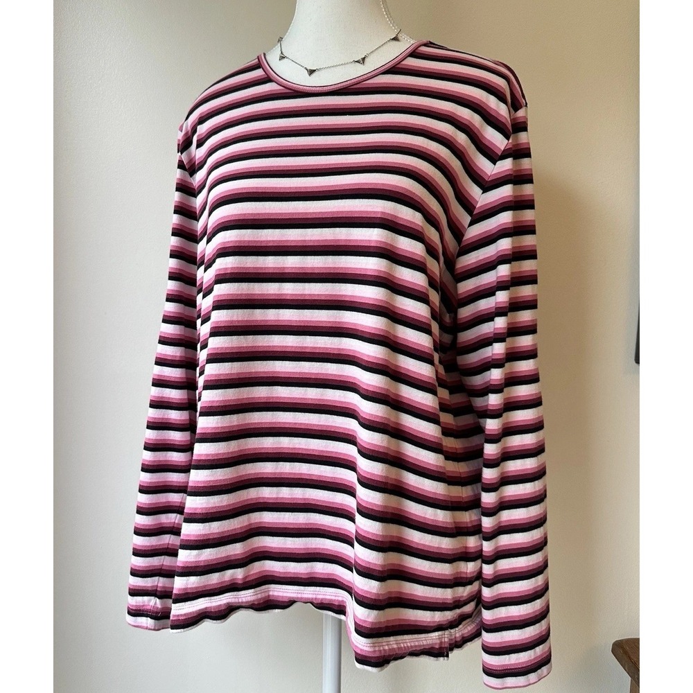 Lands End Top XL (18-20) Pink Stripe Cotton Round Neck Long Sleeves
